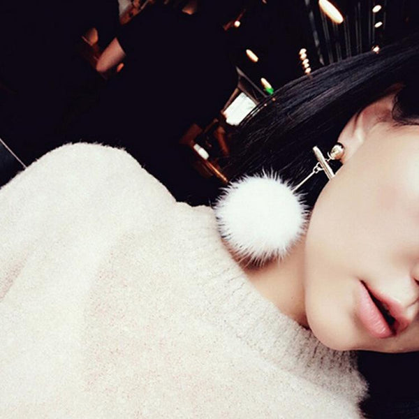 Big White Fur Balls Long Earrings