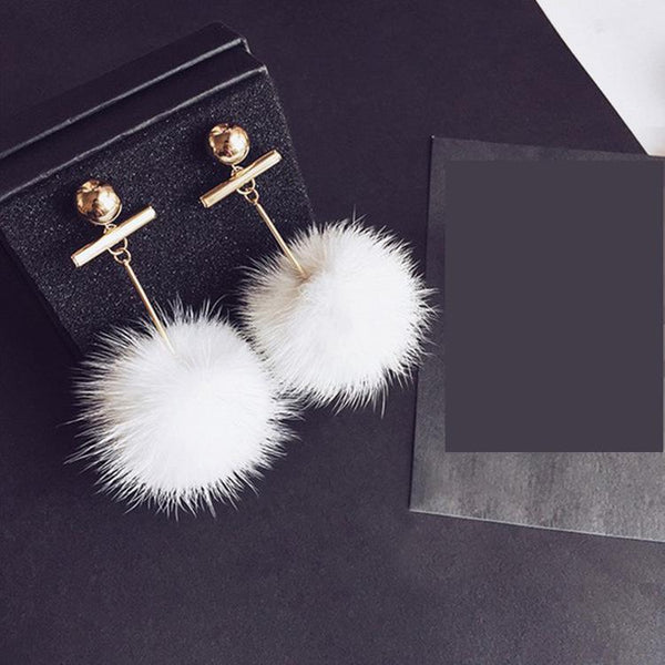 Big White Fur Balls Long Earrings