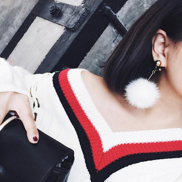 Big White Fur Balls Long Earrings