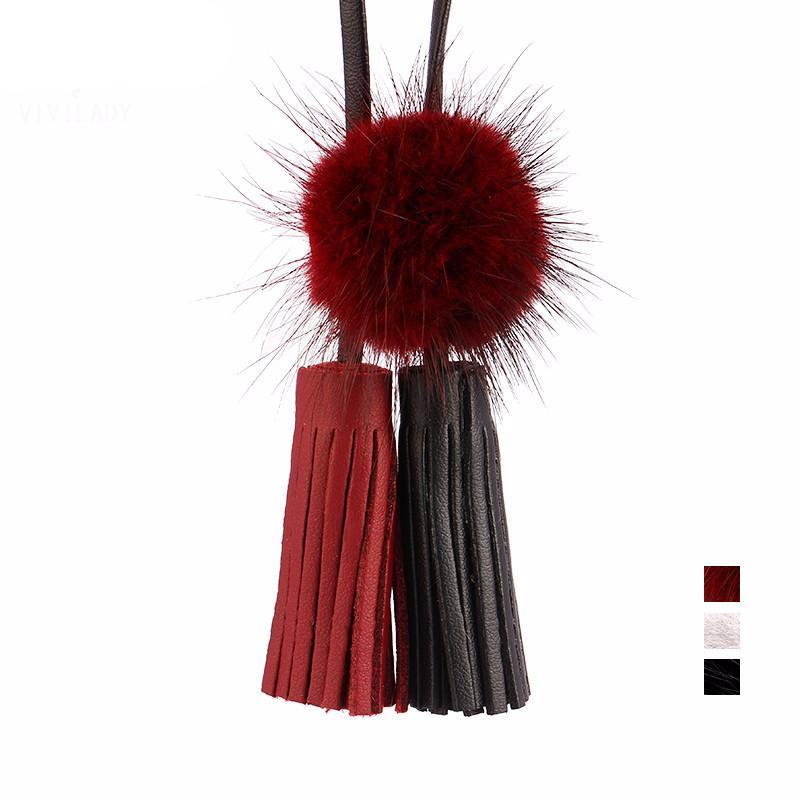 Long Leather Rope Tassel with Mink Fur Necklace