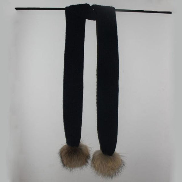Crochet Children Scarf  With Raccoon Fur Pom Pom