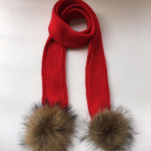Crochet Children Scarf  With Raccoon Fur Pom Pom