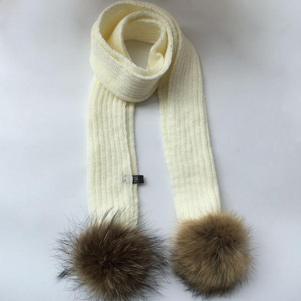 Crochet Children Scarf  With Raccoon Fur Pom Pom